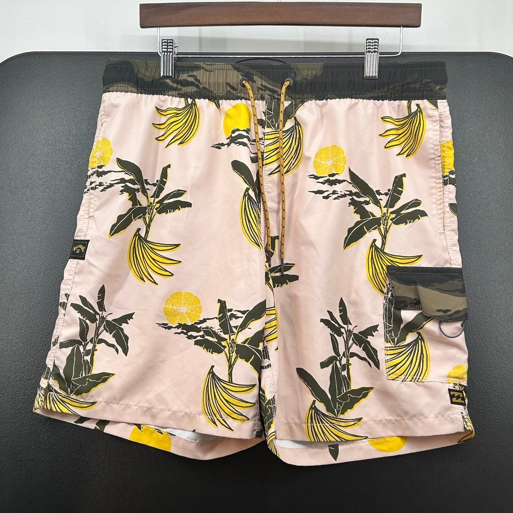 Billabong Mens Board Shorts Swim Trunks Pink Banana Print Size L Bottle Opener